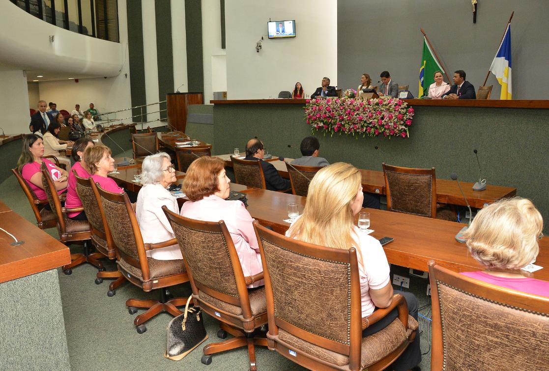 Deputados entregam placa de reconhecimento à presidente da Liga de Combate ao Câncer